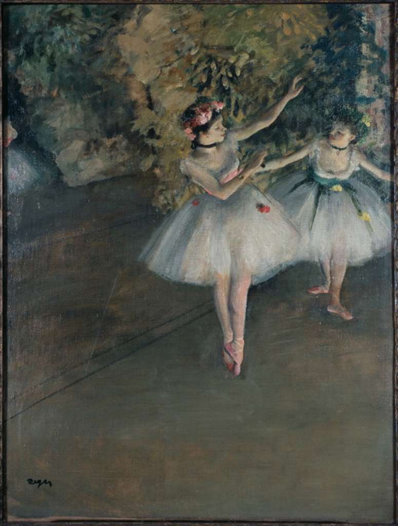 Courtauld 03 Edgar Degas - Two Dancers on a Stage 3. Edgar Degas - Two Dancers on the Stage. 1874, 62 x 46 cm. Degas gives no indication of whether we are watching a performance or a rehearsal of the two dancers, who are in standard ballet positions. At the far left is a third dancer, her figure cut by the frame. The ballet, with its precision of movements, fascinated him, but he always presented it in ways which revealed its artificiality, by including other extraneous elements � figures which do not watch the dancers, waiting dancers scratching themselves, or dancers who play no part in the main action, like the figure on the left here.